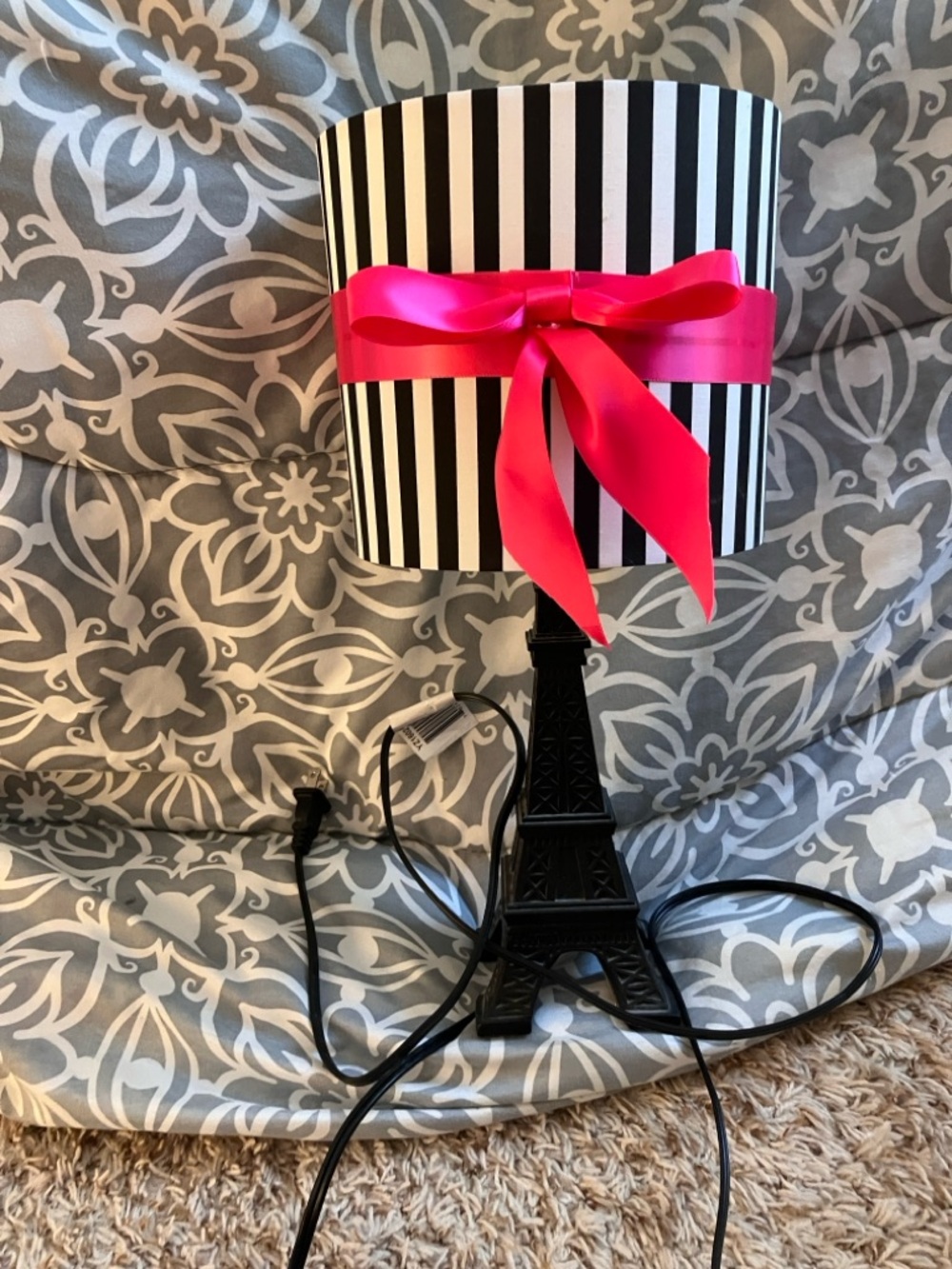 Black Eiffel Tower Table Lamp with Black & White Striped Shade and Hot Pink Bow